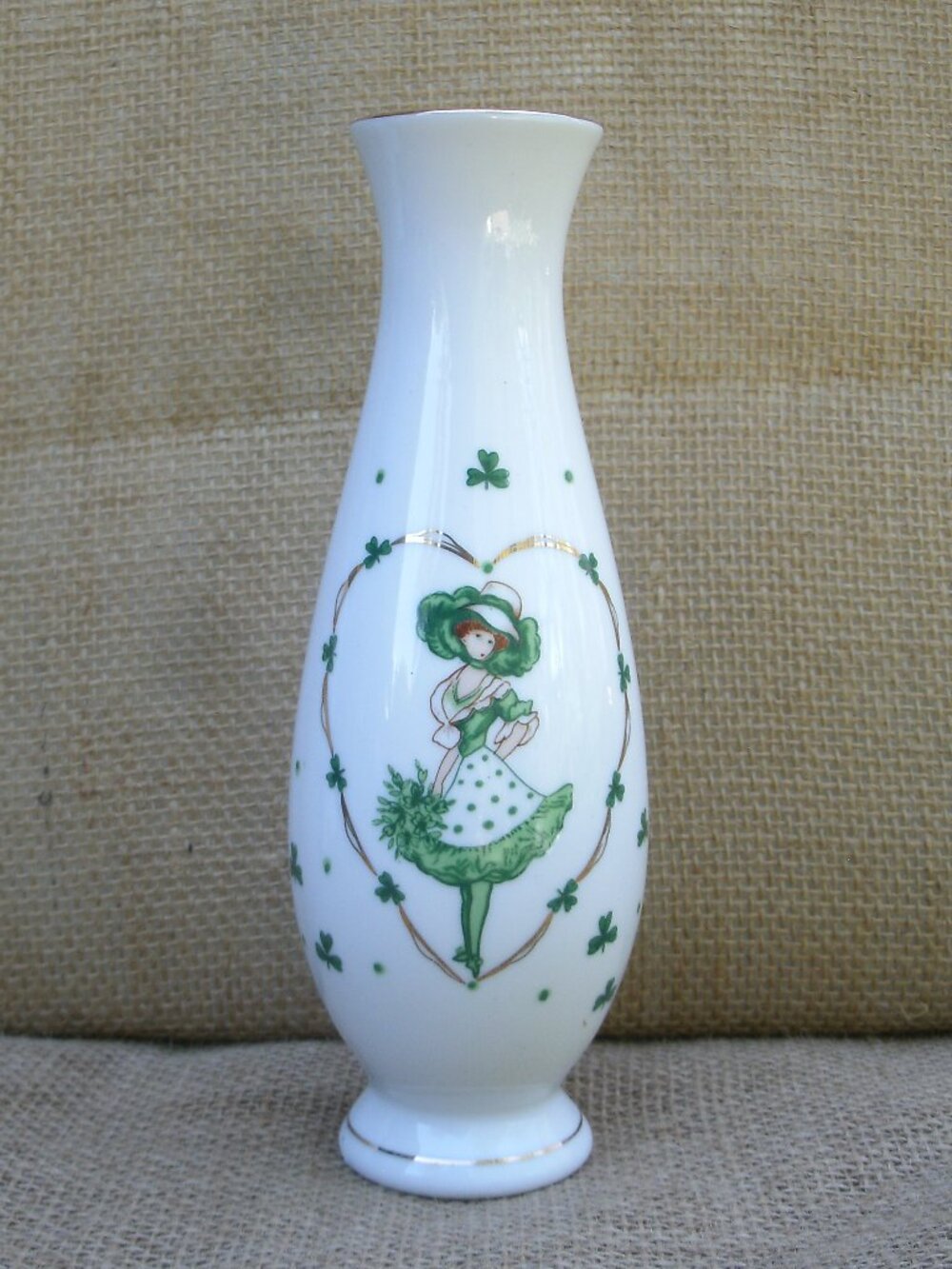 Vintage Lefton China Irish Girl Bud Vase Shamrocks